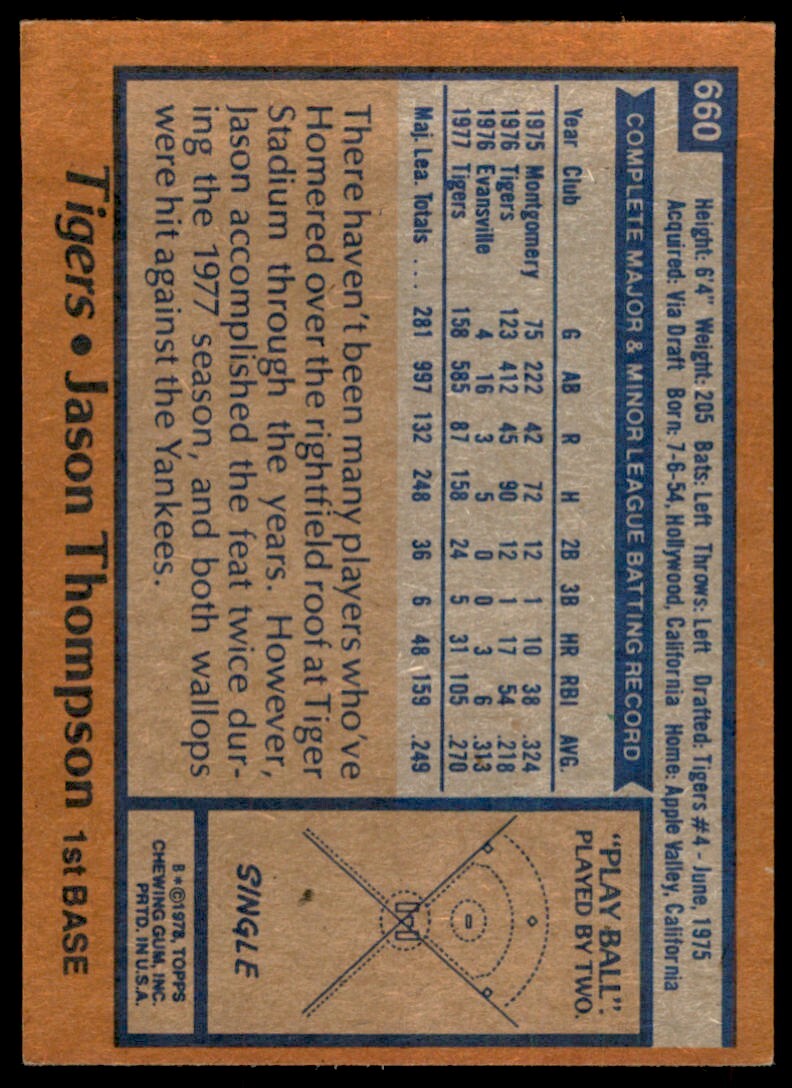 1978 TOPPS JASON THOMPSON . DETROIT TIGERS #660