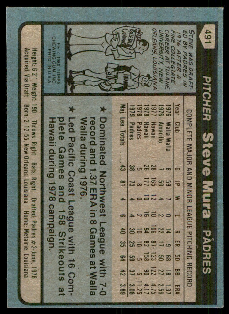 1980 TOPPS STEVE MURA SAN DIEGO PADRES #491