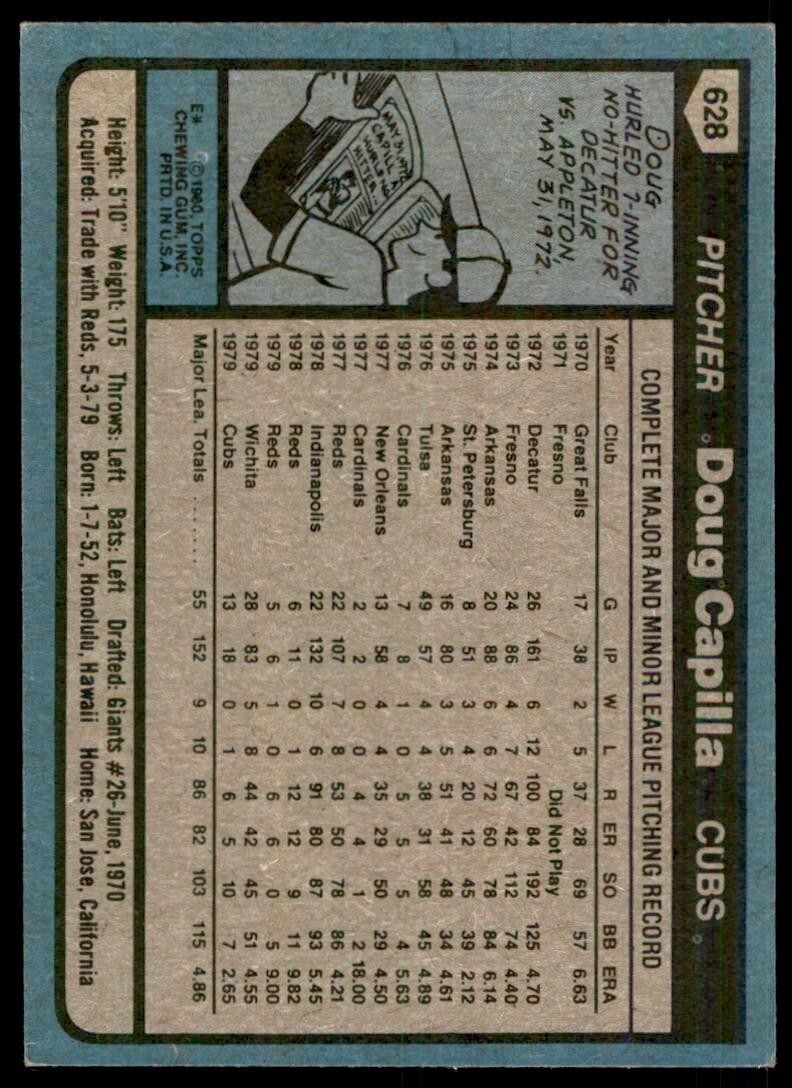 1980 TOPPS DOUG CAPILLA . CHICAGO CUBS #628