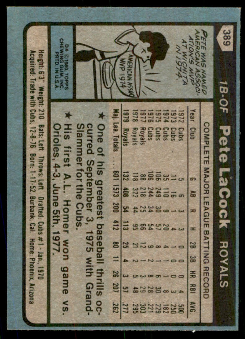 1980 TOPPS PETE LACOCK .KANSAS CITY ROYALS #389