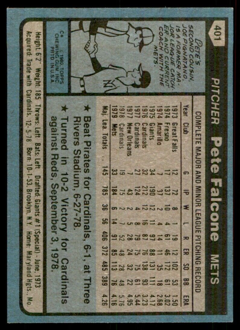 1980 TOPPS PETE FALCONE . NEW YORK METS #401
