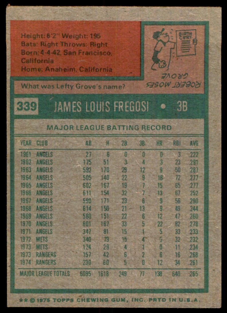 1975 TOPPS JIM FREGOSI . TEXAS RANGERS #339