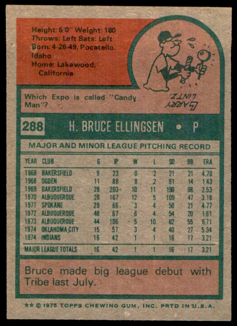 1975 TOPPS BRUCE ELLINGSEN ROOKIE . CLEVELAND INDIANS #288