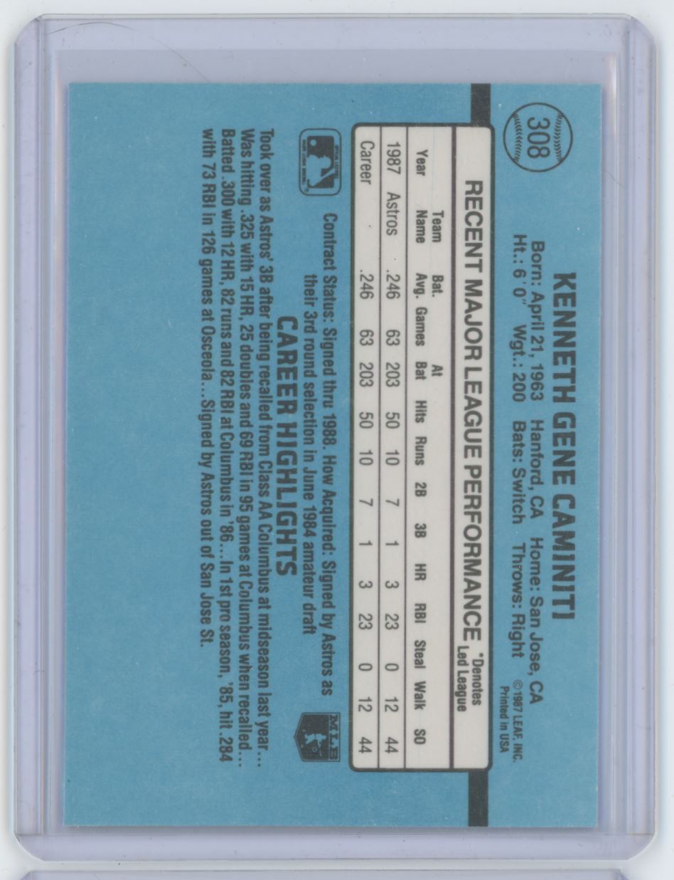 1988 DONRUSS KEN CAMINITI ROOKIE . HOUSTON ASTROS #308