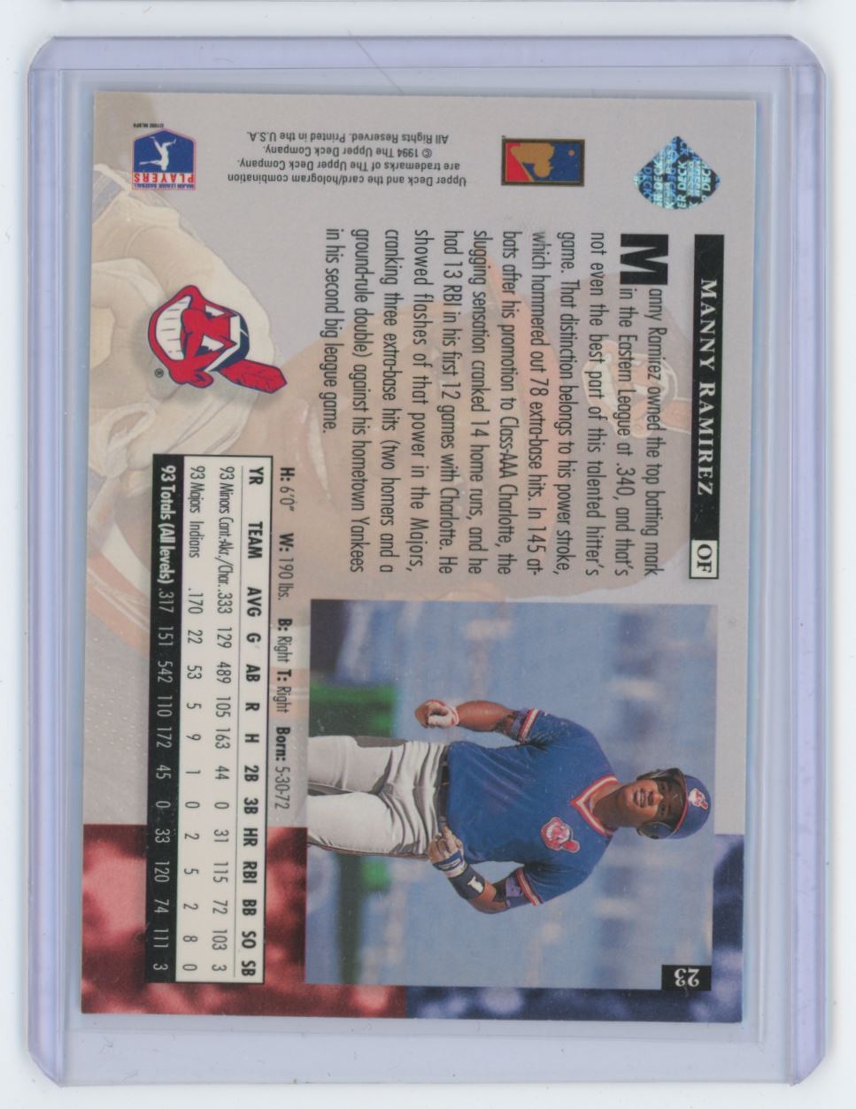 1994 UPPER DECK STAR ROOKIES MANNY RAMIREZ ROOKIE . CLEVELAND INDIANS #23