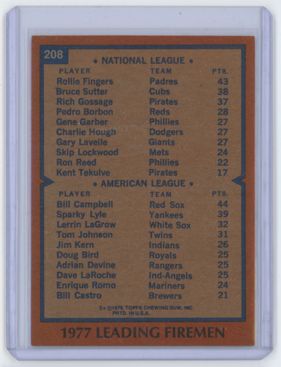 1978 TOPPS 1977 LEADING FIREMEN - ROLLIE FINGERS/BILL CAMPBELL . SAN DIEGO