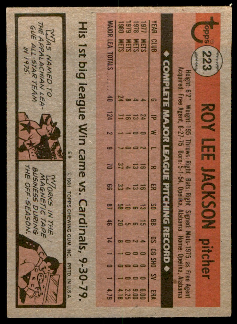 1981 TOPPS ROY LEE JACKSON ROOKIE . NEW YORK METS #223
