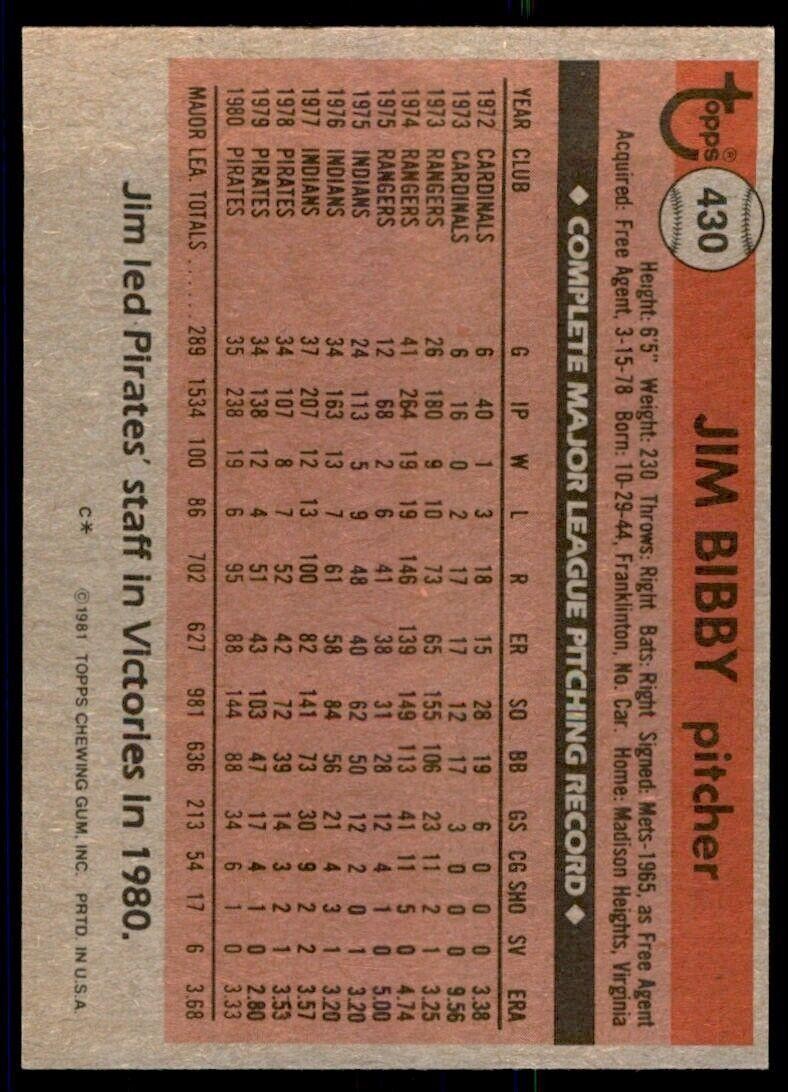 1981 TOPPS JIM BIBBY . PITTSBURGH PIRATES #430