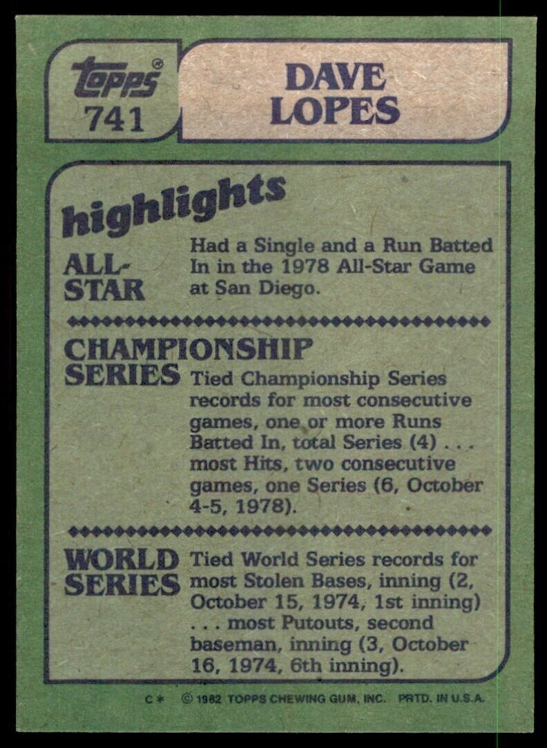 1982 TOPPS DAVE LOPES . LOS ANGELES DODGERS #741