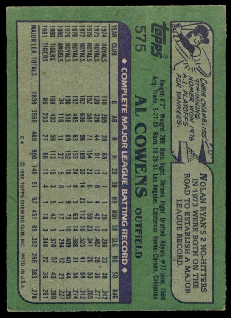 1982 TOPPS AL COWENS . DETROIT TIGERS #575