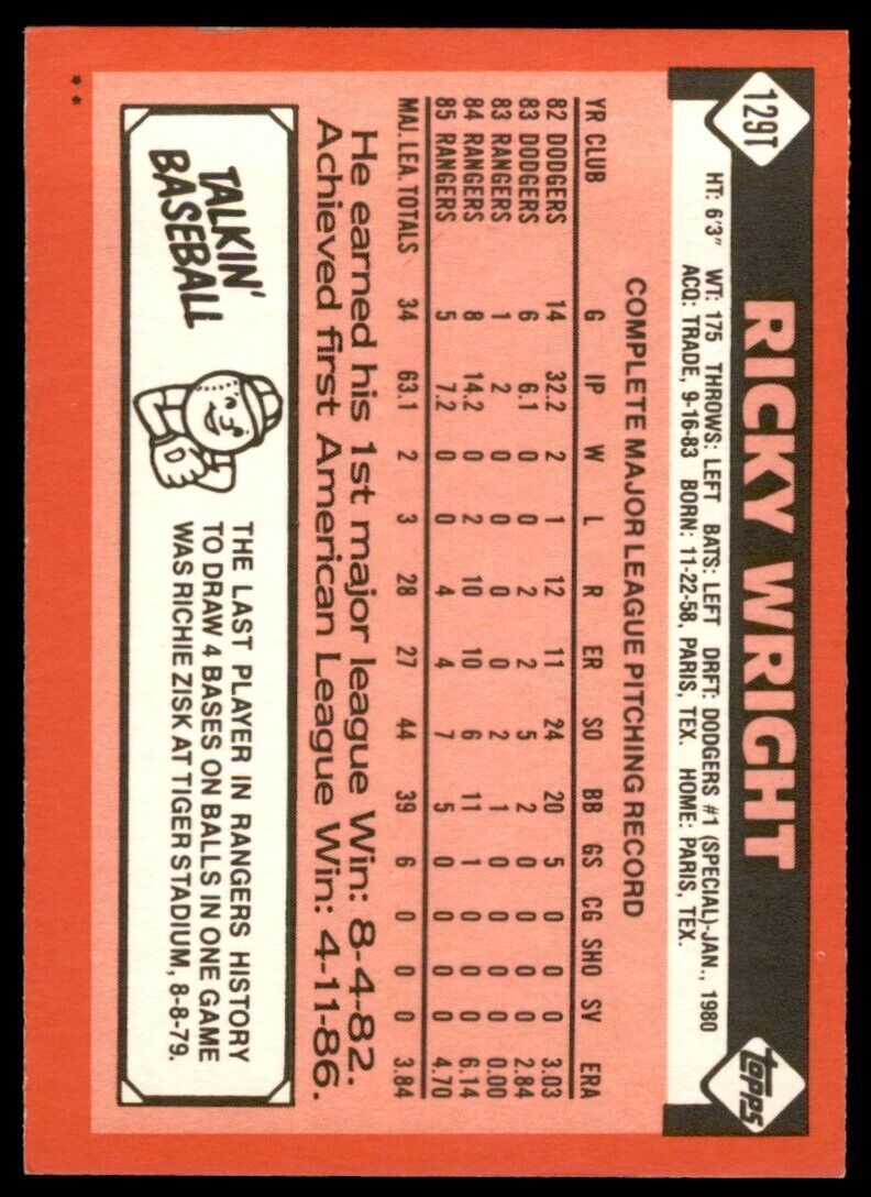1986 TOPPS TRADED RICKY WRIGHT . TEXAS RANGERS #129T