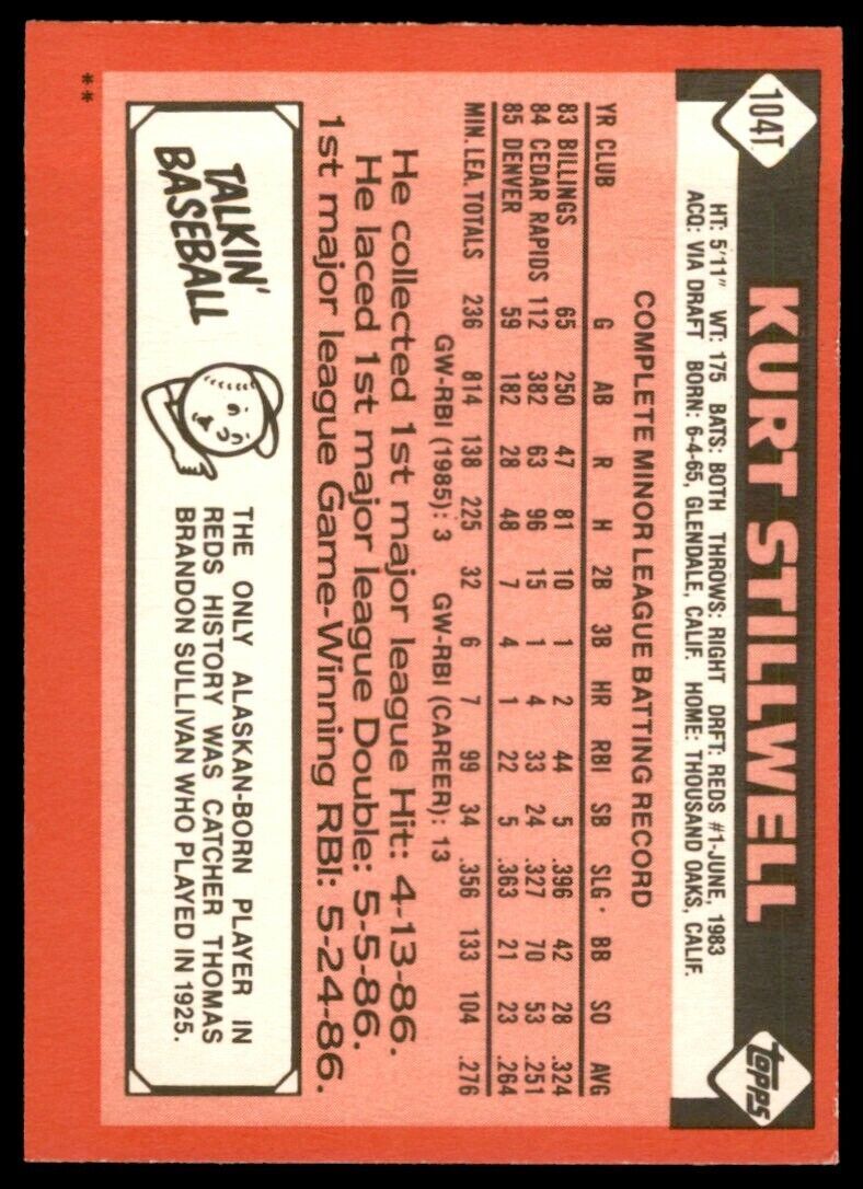 1986 TOPPS TRADED KURT STILLWELL . CINCINNATI REDS #104T