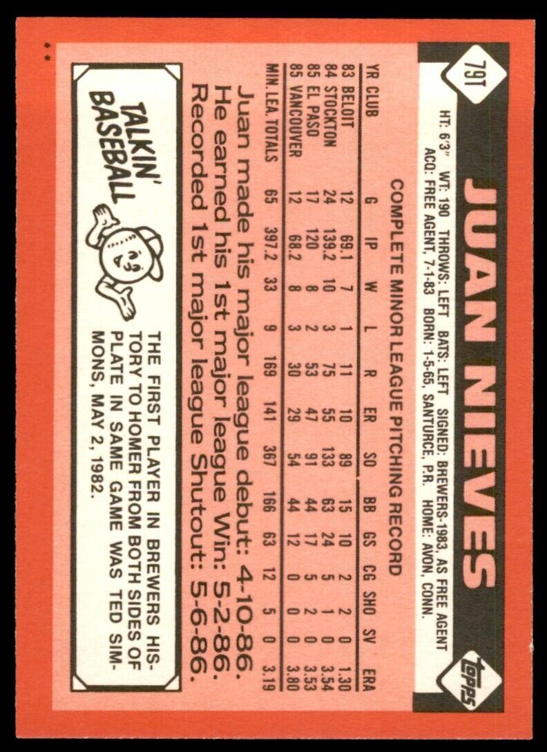 1986 TOPPS TRADED JUAN NIEVES . MILWAUKEE BREWERS #79T