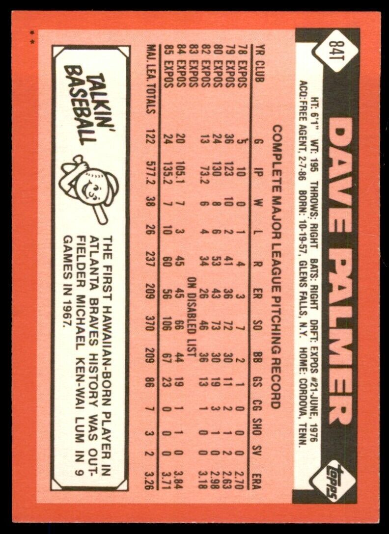 1986 TOPPS TRADED DAVE PALMER . ATLANTA BRAVES #84T