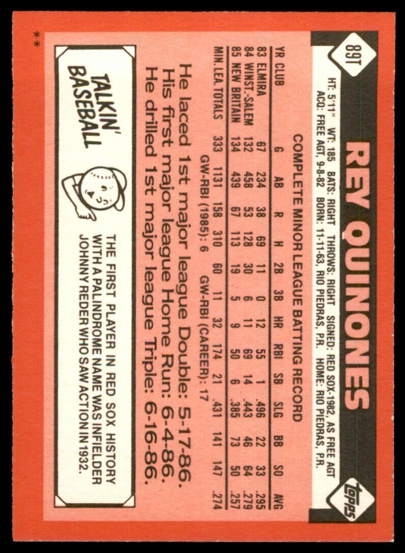 1986 TOPPS TRADED REY QUINONES . BOSTON RED SOX #89T