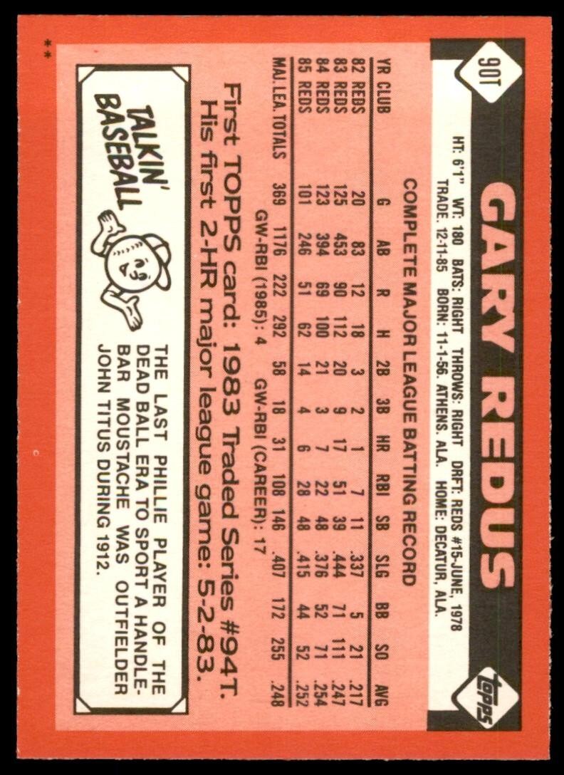 1986 TOPPS TRADED GARY REDUS . PHILADELPHIA PHILLIES #90T