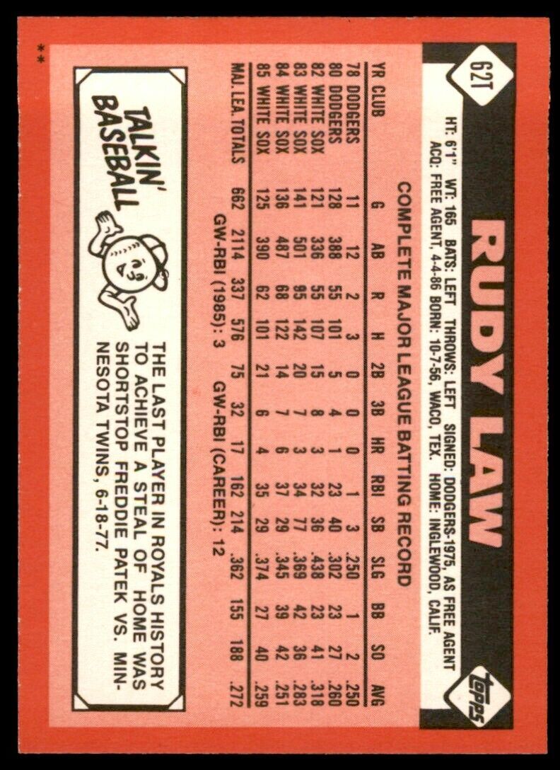 1986 TOPPS TRADED RUDY LAW . KANSAS CITY ROYALS #62T