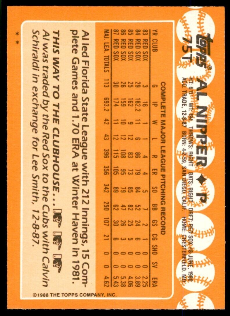 1988 TOPPS TRADED AL NIPPER . CHICAGO CUBS #75T