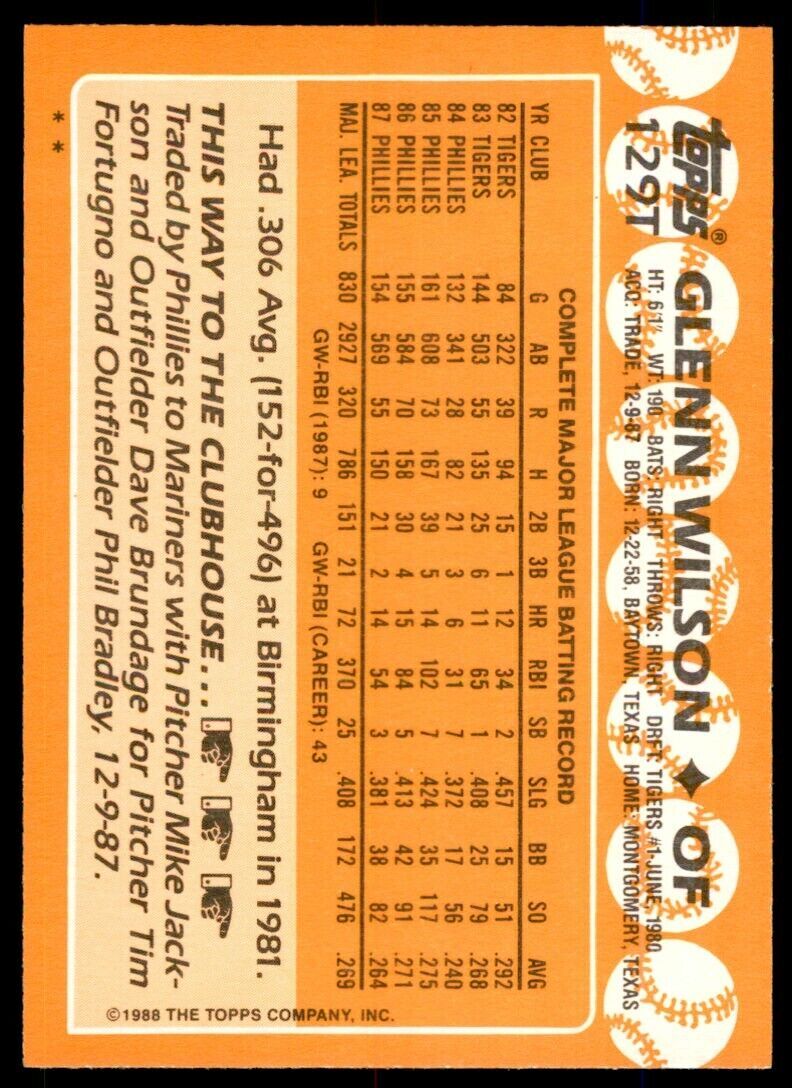 1988 TOPPS TRADED GLENN WILSON . SEATTLE MARINERS #129T