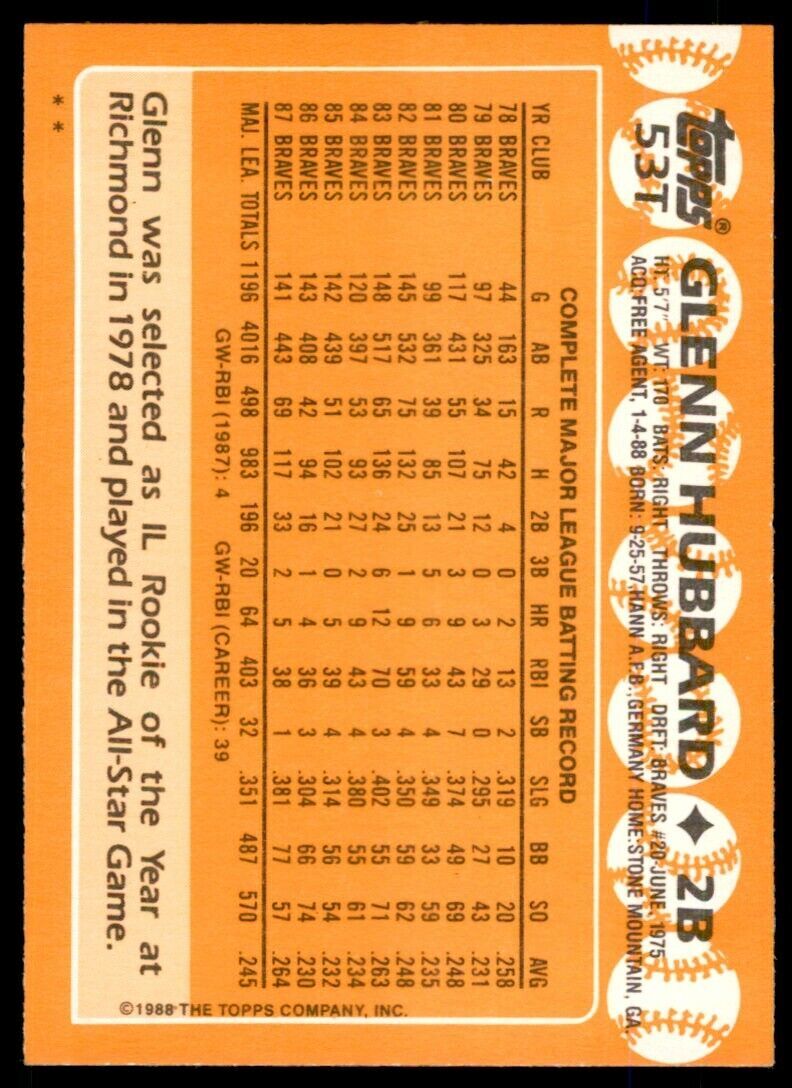 1988 TOPPS TRADED GLENN HUBBARD . OAKLAND ATHLETICS #53T