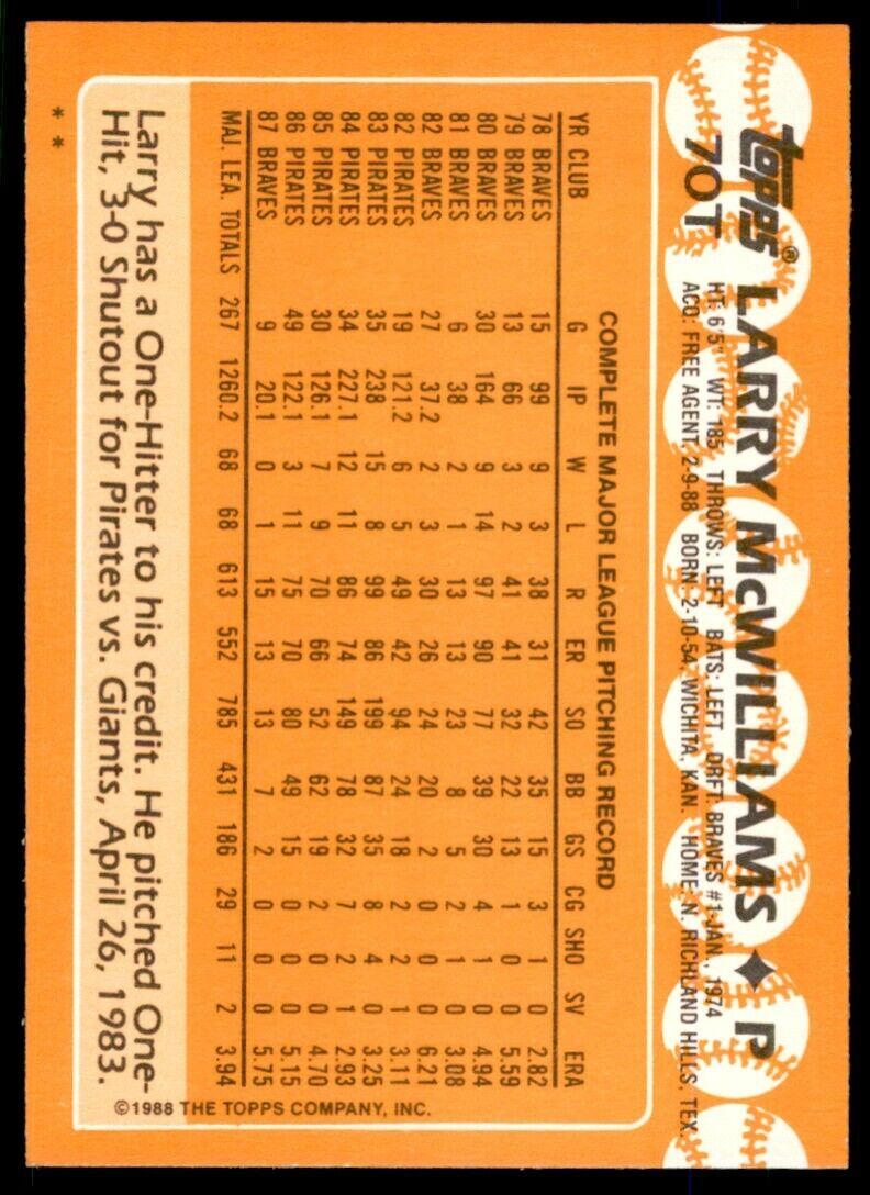 1988 TOPPS TRADED LARRY MCWILLIAMS . ST. LOUIS CARDINALS #70T