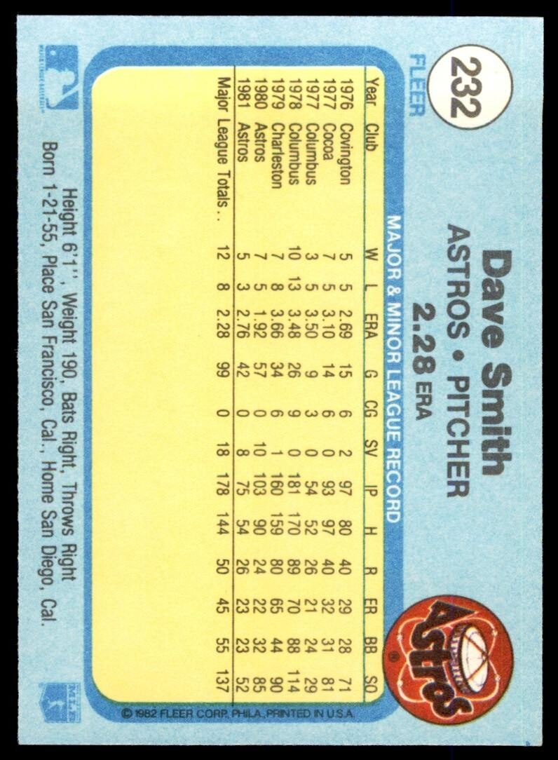 1982 FLEER DAVE SMITH . HOUSTON ASTROS #232