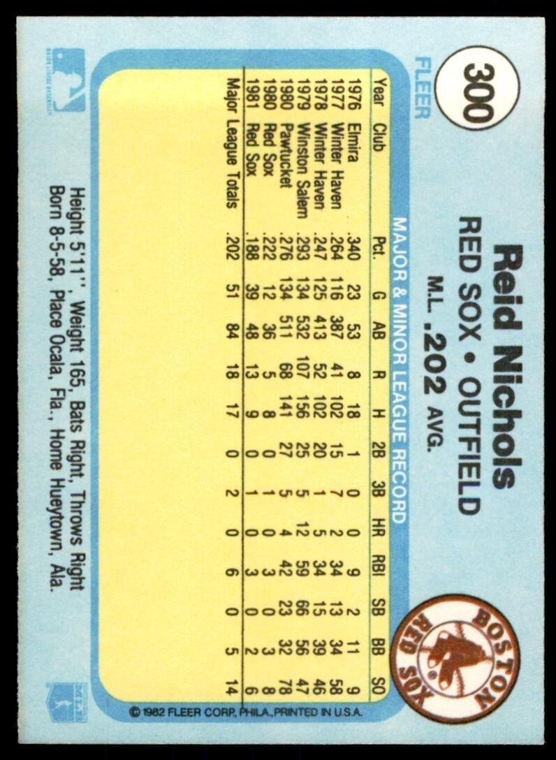 1982 FLEER REID NICHOLS . BOSTON RED SOX #300