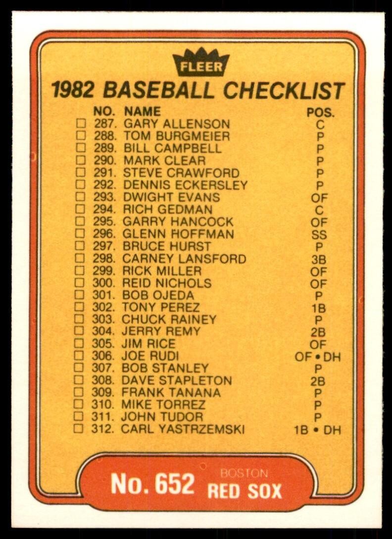 1982 FLEER CHECKLIST: TIGERS/RED SOX . DETROIT TIGERS/BOSTON RED SOX #652