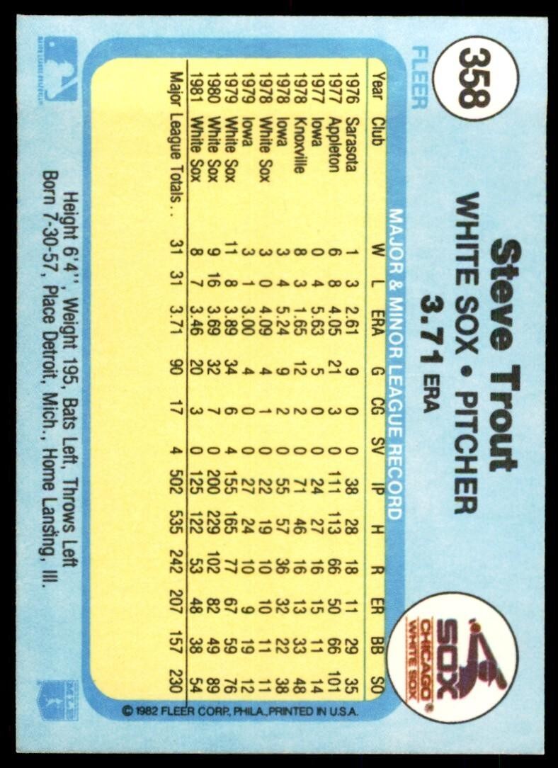 1982 FLEER STEVE TROUT . CHICAGO WHITE SOX #358