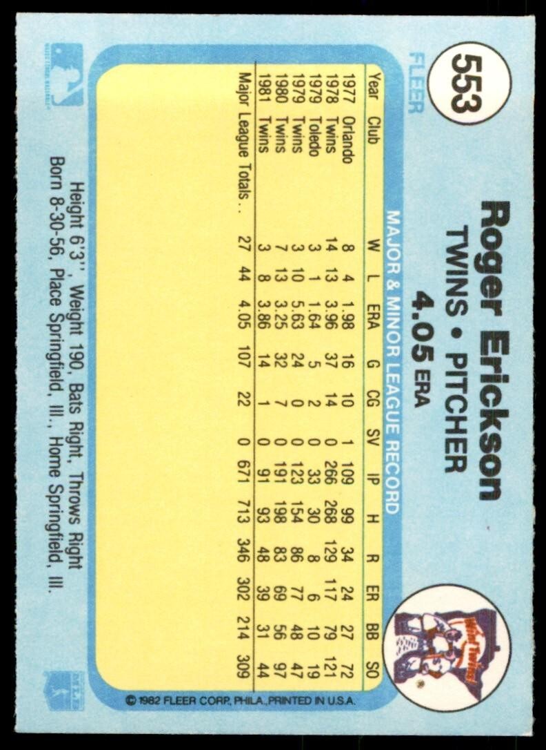 1982 FLEER ROGER ERICKSON . MINNESOTA TWINS #553