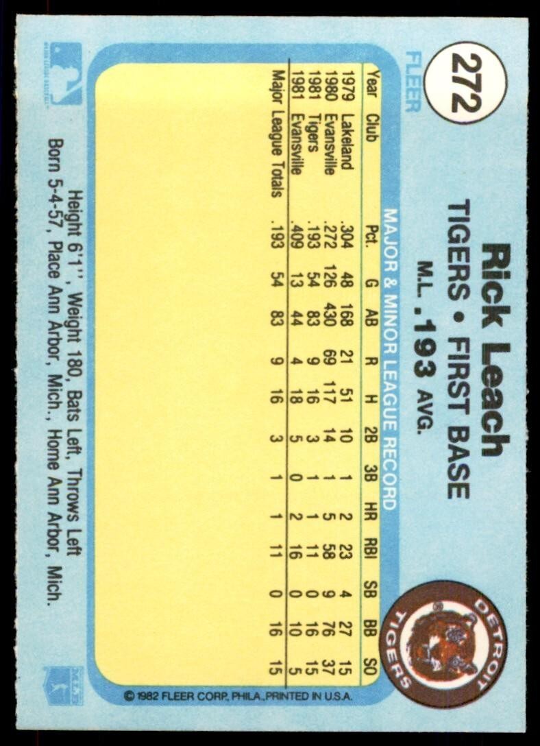 1982 FLEER RICK LEACH ROOKIE . DETROIT TIGERS #272