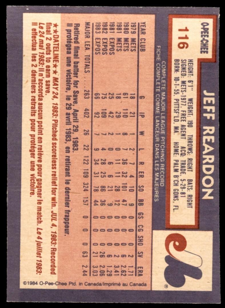 1984 O-Pee-Chee Jeff Reardon . Montreal Expos #116