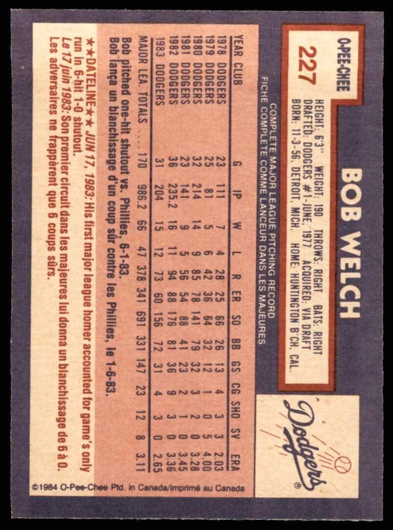 1984 O-Pee-Chee Bob Welch . Los Angeles Dodgers #227