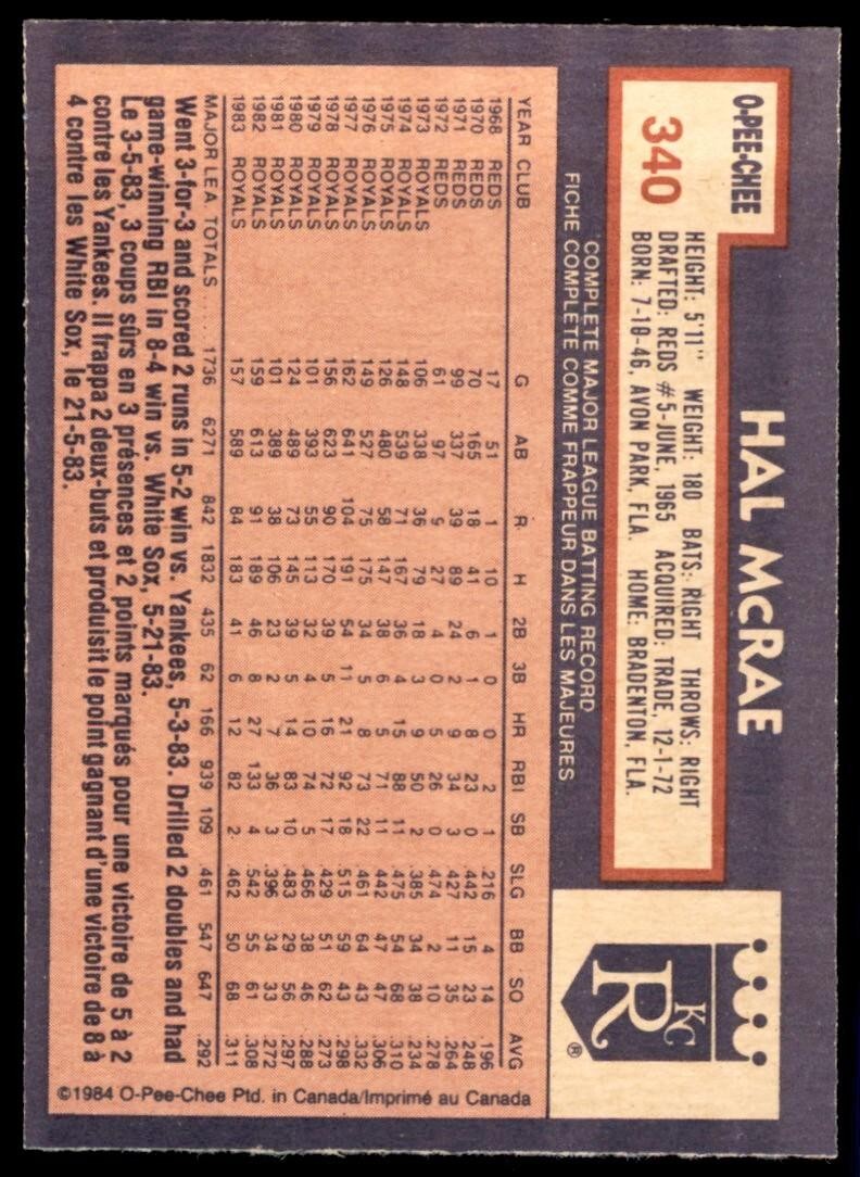 1984 O-PEE-CHEE HAL MCRAE . KANSAS CITY ROYALS #340