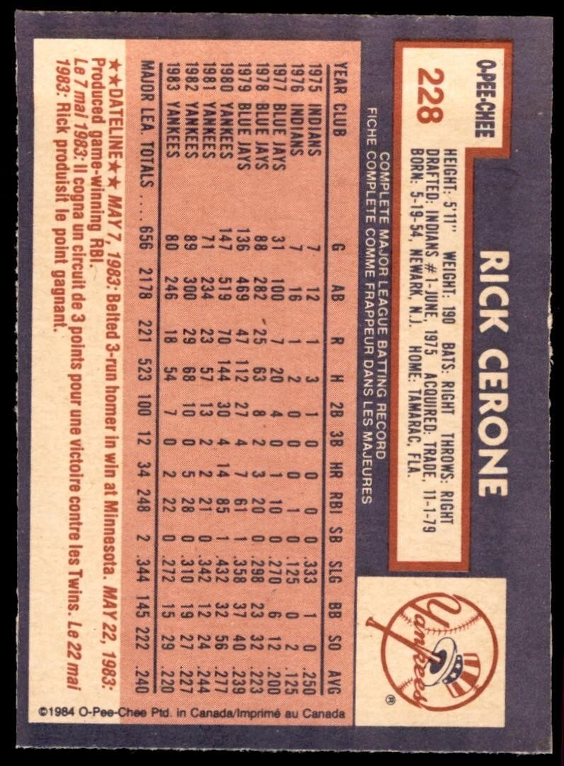 1984 O-PEE-CHEE RICK CERONE . NEW YORK YANKEES #617