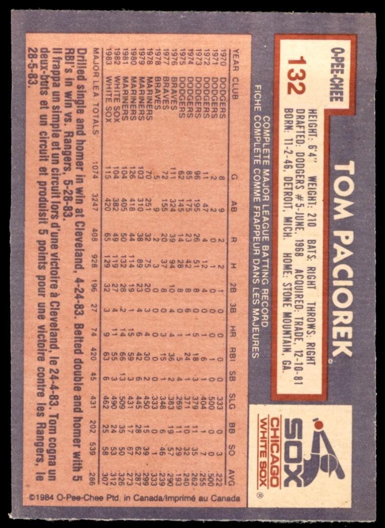 1984 O-Pee-Chee Tom Paciorek . Chicago White Sox #132
