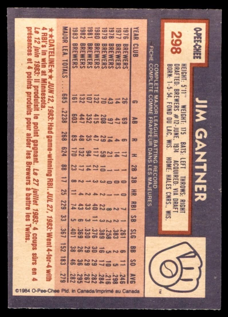 1984 O-PEE-CHEE JIM GANTNER . MILWAUKEE BREWERS #298