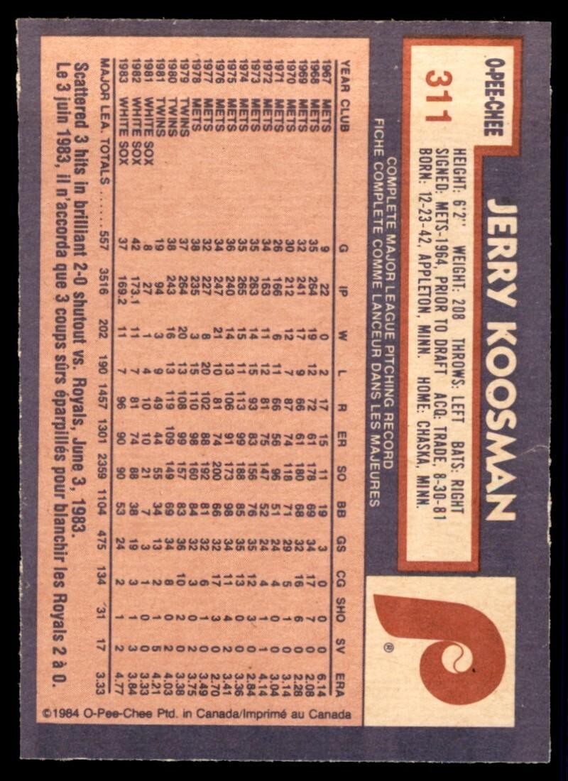 1984 O-PEE-CHEE JERRY KOOSMAN . PHILADELPHIA PHILLIES #311