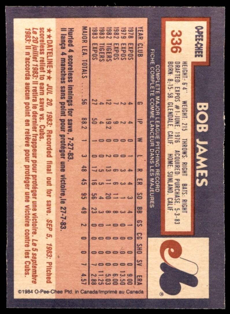 1984 O-PEE-CHEE BOB JAMES ROOKIE . MONTREAL EXPOS #336