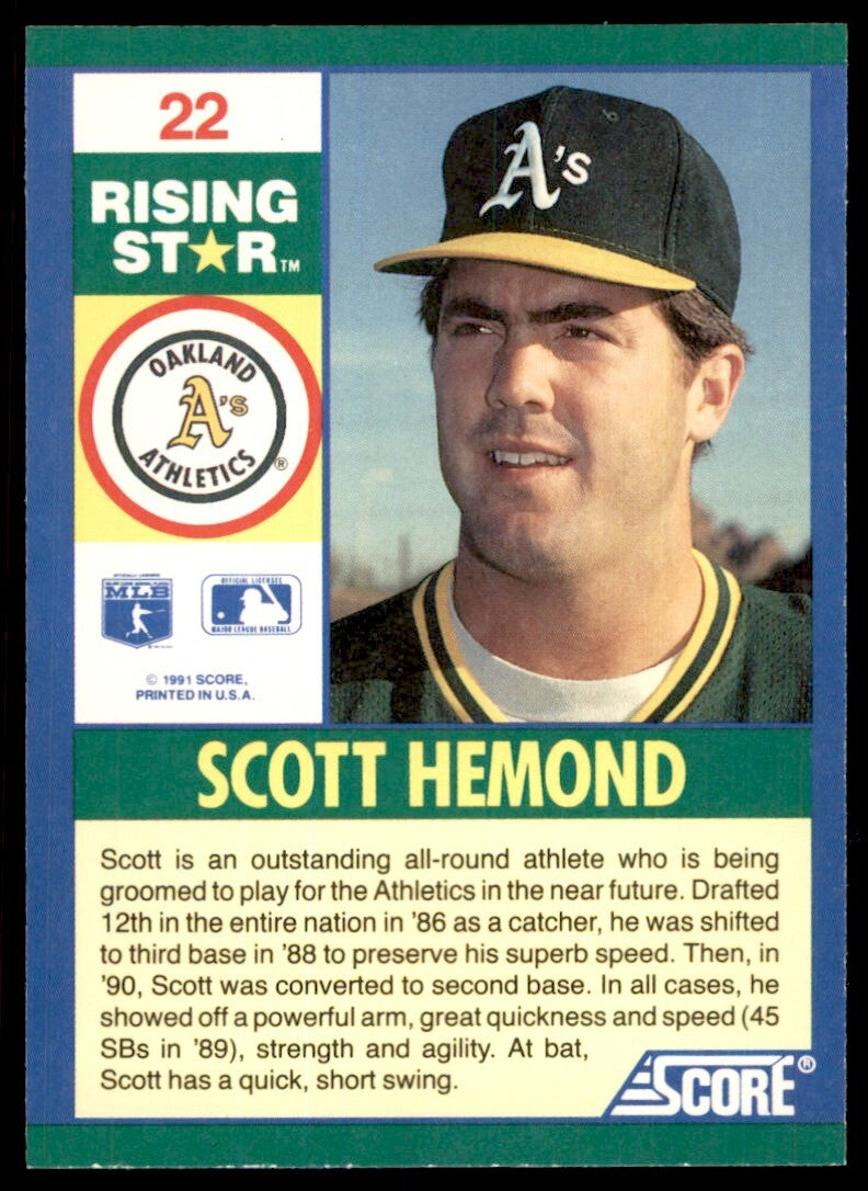 1991 SCORE 100 RISING STARS SCOTT HEMOND . OAKLAND ATHLETICS #22