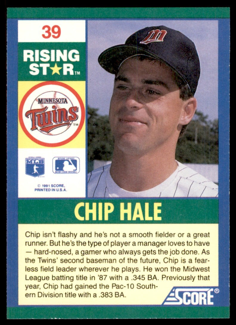 1991 SCORE 100 RISING STARS CHIP HALE . MINNESOTA TWINS #39