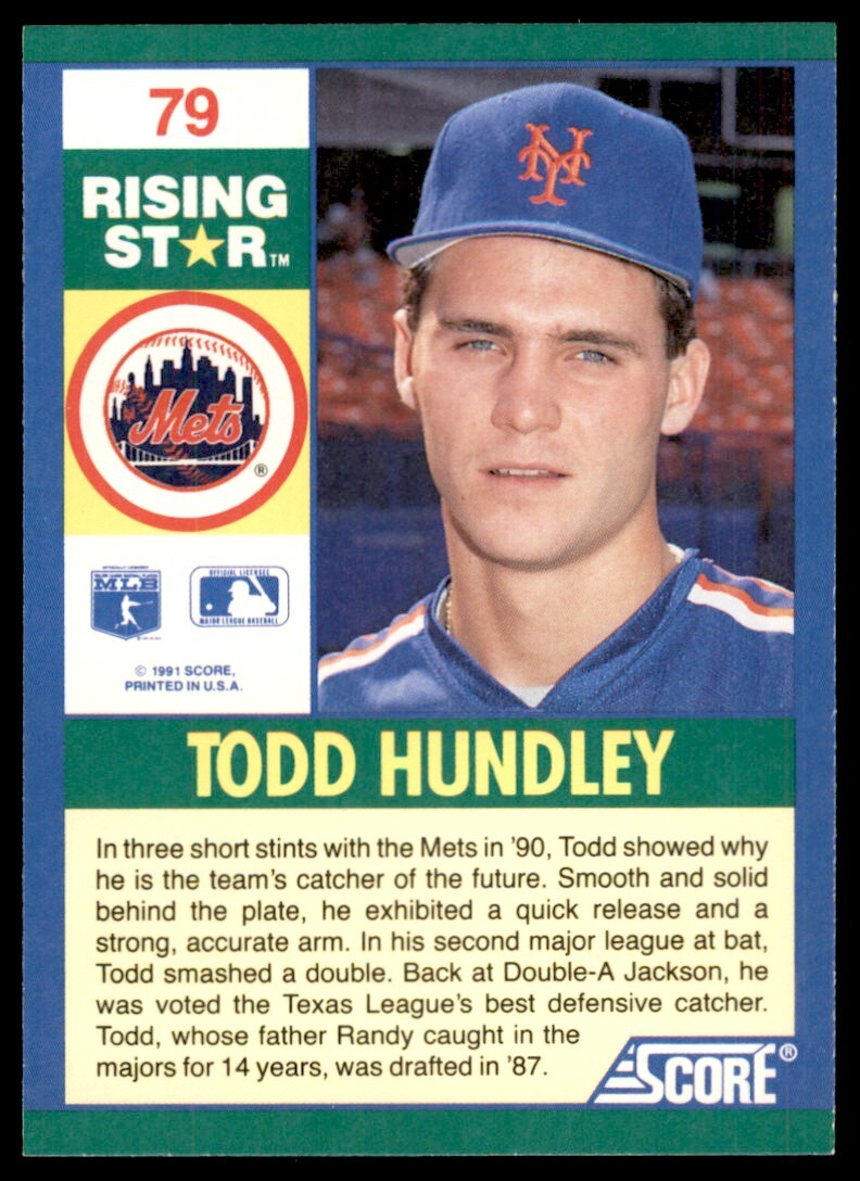 1991 SCORE 100 RISING STARS TODD HUNDLEY . NEW YORK METS #79