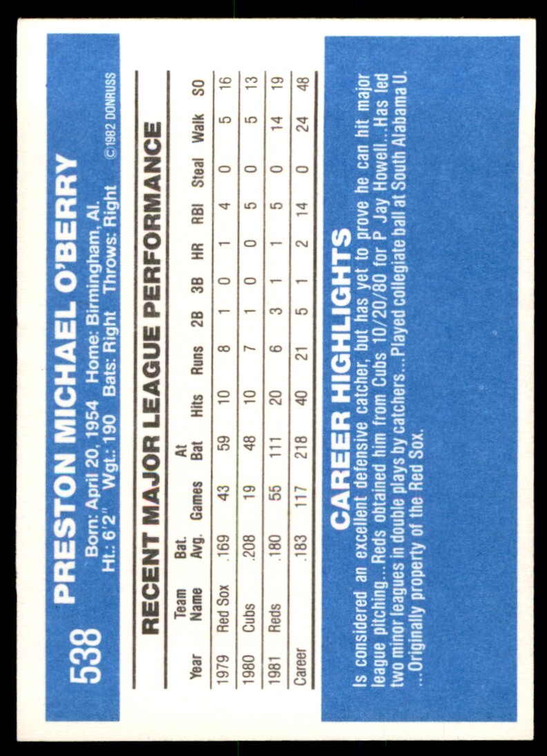 1982 DONRUSS MIKE O'BERRY . CINCINNATI REDS #538
