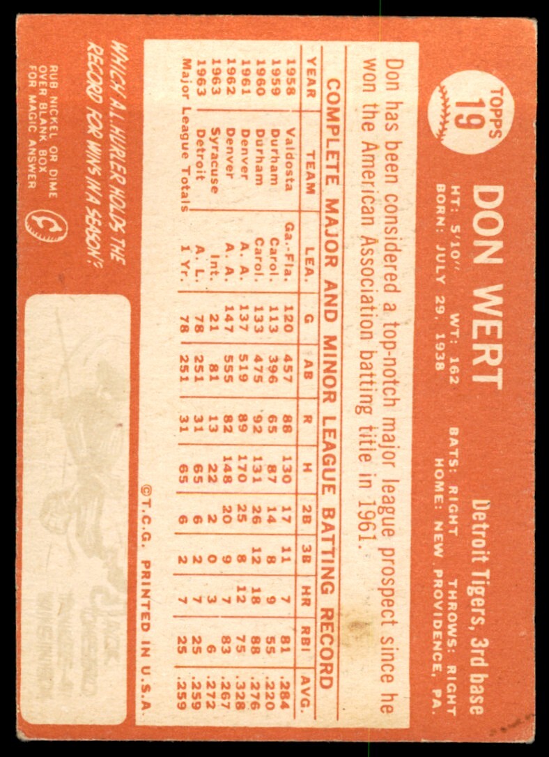 1964 TOPPS DON WERT . DETROIT TIGERS #19