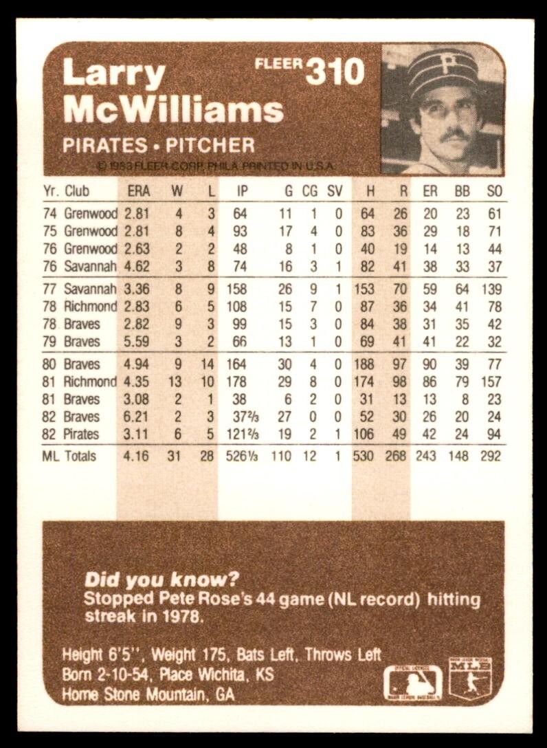 1983 FLEER LARRY MCWILLIAMS . ATLANTA BRAVES #267