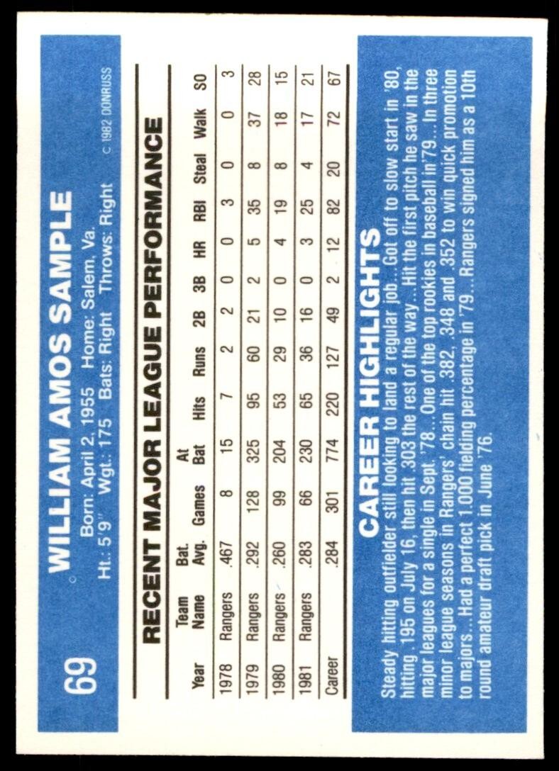 1982 DONRUSS BILLY SAMPLE . TEXAS RANGERS #69