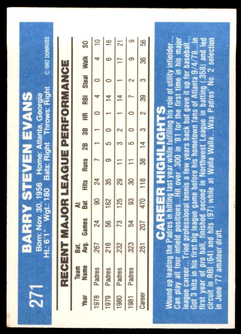 1982 DONRUSS BARRY EVANS . SAN DIEGO PADRES #271