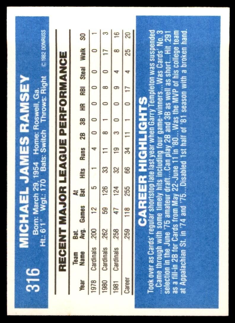 1982 DONRUSS MIKE RAMSEY . ST. LOUIS CARDINALS #316