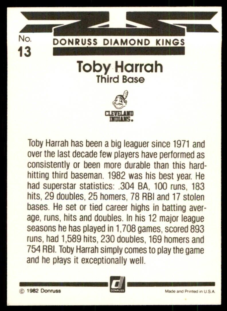 1983 DONRUSS DIAMOND KINGS TOBY HARRAH . CLEVELAND INDIANS #13