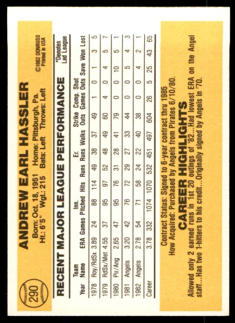 1983 DONRUSS ANDY HASSLER CALIFORNIA ANGELS #290